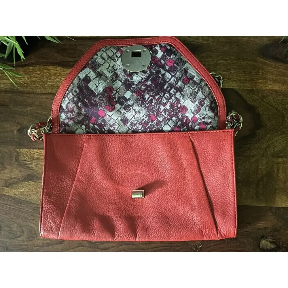 ELLIOT LUCCA Leather Clutch Detachable Chain‎ Handle Coral Handbag Night Out